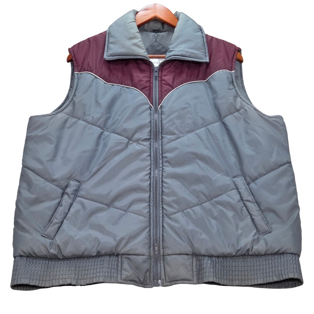 VTG Windbreaker XL Puffer Vest Gray‎ Burgundy Retro Padded Sleeveless Jacket